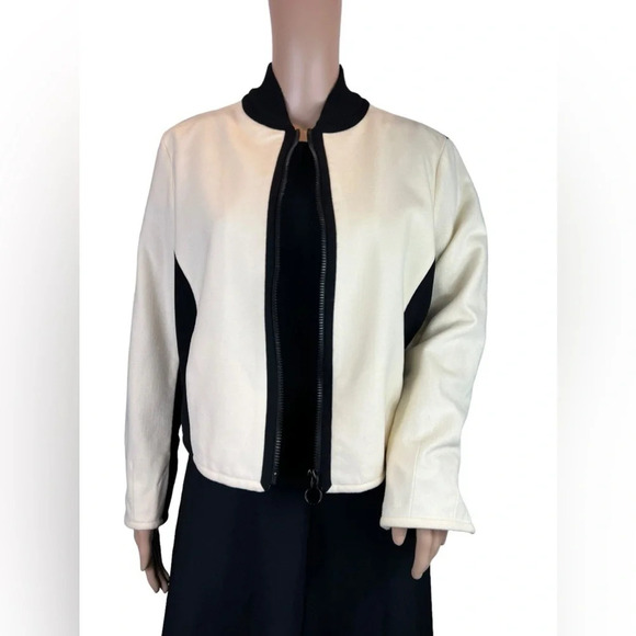 AKRIS PUNTO WOMENS MOCK NECK FULL ZIP BLAZER JACKET CREAM BLACK SIZE US 8 WOOL - Picture 2 of 13